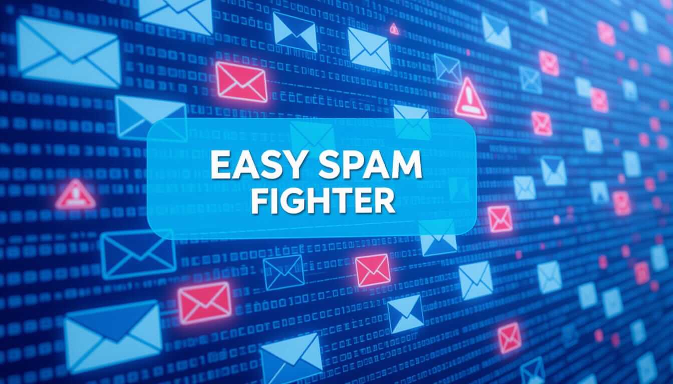 Digital illustration showing email icons floating over binary code with red warning symbols and "EASY SPAM FIGHTER" text, representing advanced email security technology and automated spam protection for hosting services.
