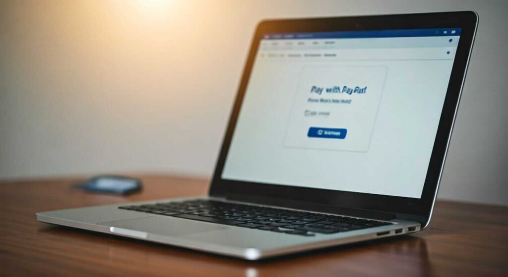 A laptop is open on a wooden desk, displaying a webpage with the text "Pay with PayPal" prominently visible. The screen shows a payment interface, and there is a smartphone placed to the left of the laptop.