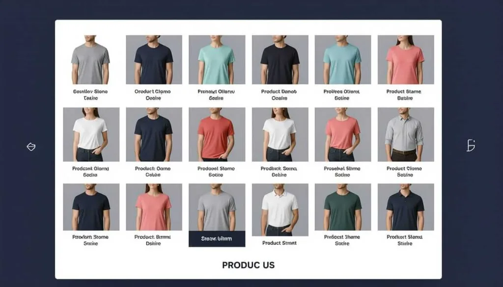 A product catalog grid displaying 18 t-shirts and shirts modeled by men and women. Each item has a placeholder name like “Garnlov Stone Tosite” or “Product Clamo Ooaire.” Below the grid, the heading “PRODUC US” appears. Navigation arrows are visible on either side of the grid.