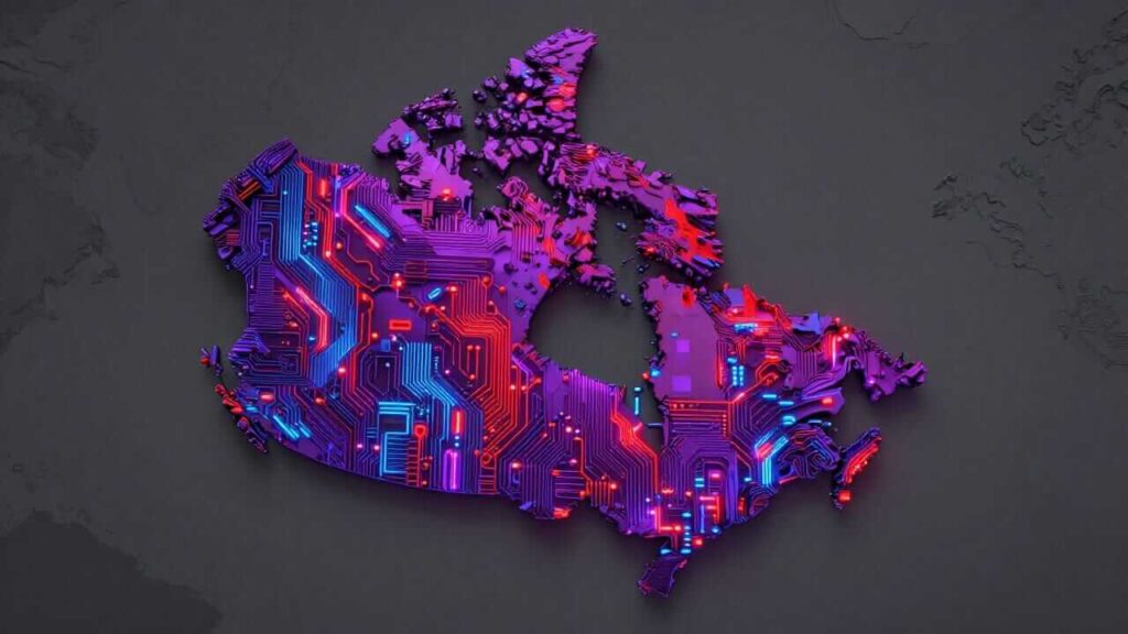3D rendering of Canada's map constructed from intricate circuit board pathways with neon purple, blue, red, and pink electronic traces on a dark gray background, symbolizing the nation's digital infrastructure