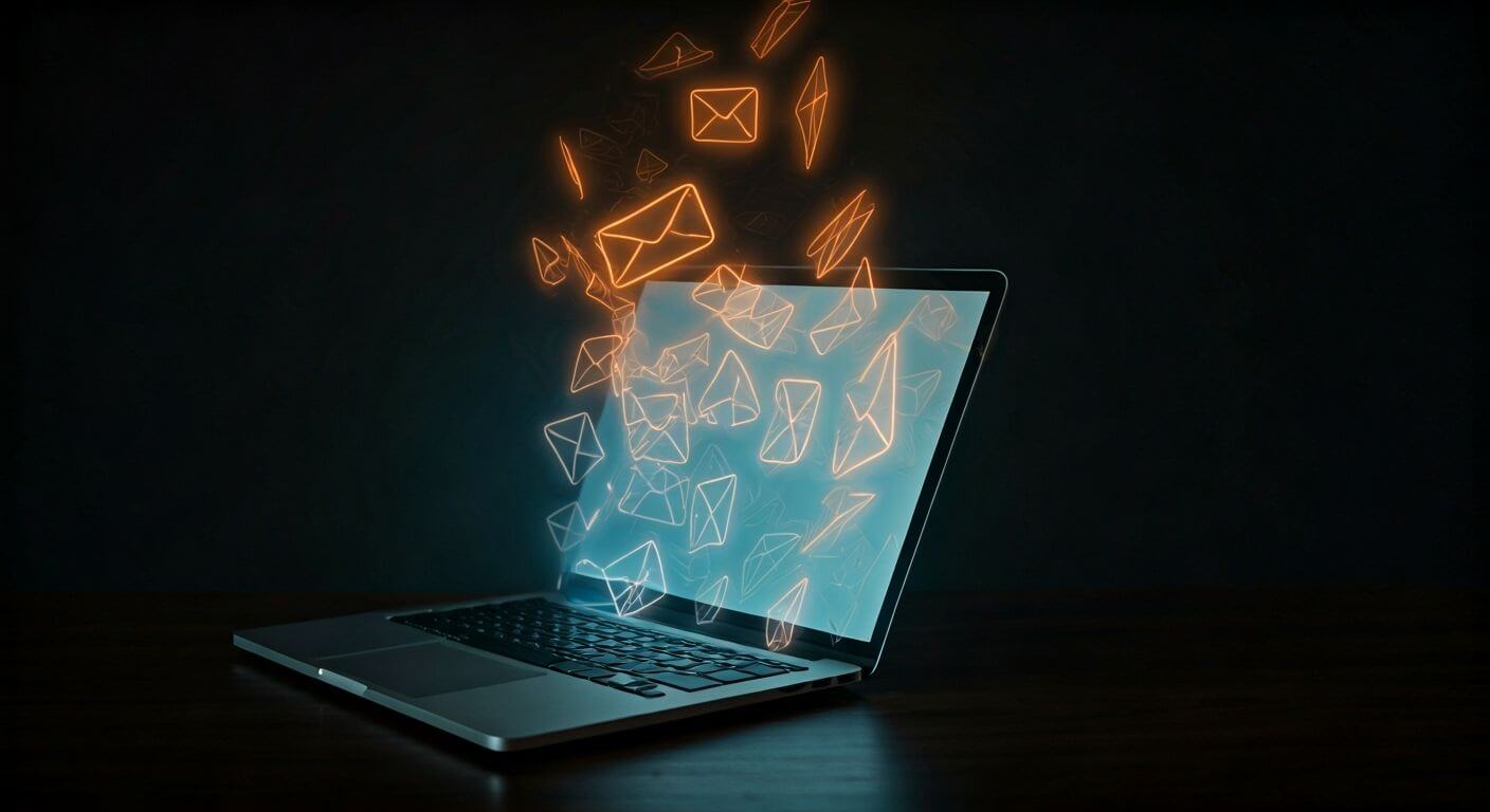A laptop emits glowing orange and white email icons from its screen, symbolizing digital communication and the flow of messages in a modern, tech-driven environment.