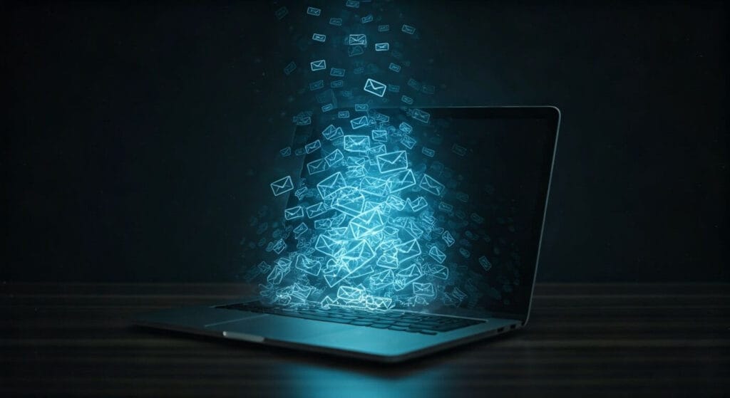 A laptop emits glowing blue and white email icons from its screen, symbolizing digital communication and the flow of emails.