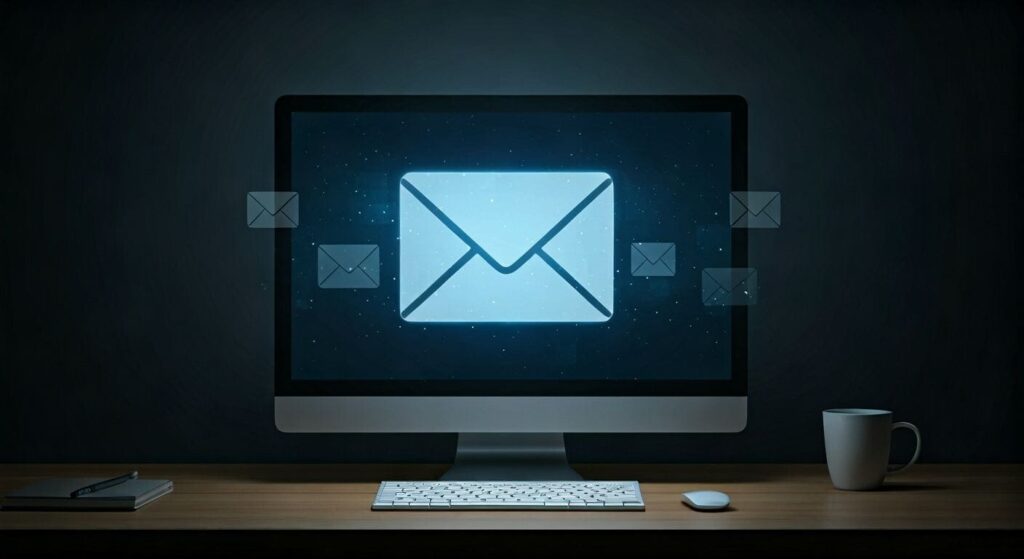 A desktop computer displays a glowing blue email icon on its screen, surrounded by smaller floating envelopes, symbolizing digital communication. The setup includes a keyboard, mouse, notebook, and mug on a wooden desk, set against a dark background.
