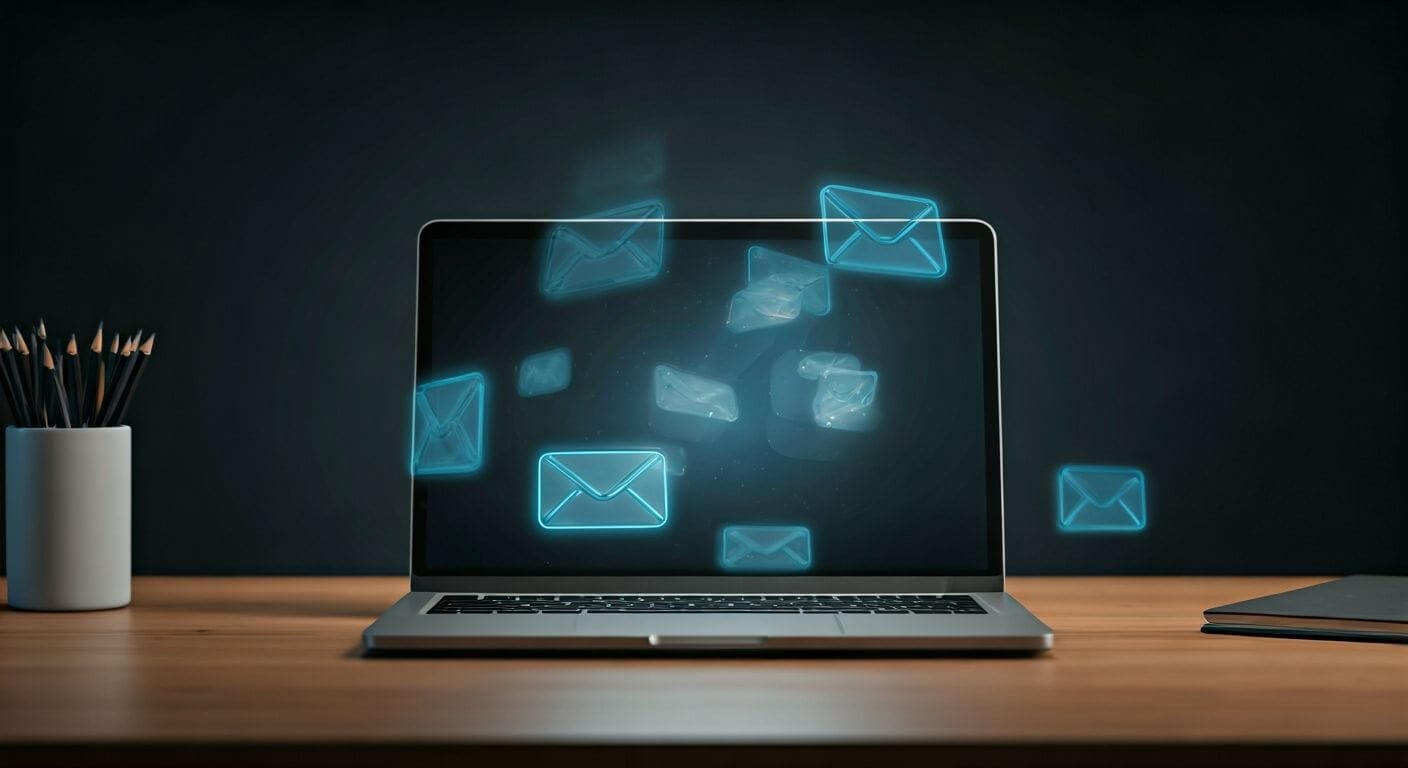 A laptop on a wooden desk shows multiple glowing blue email icons floating around the screen, representing active messaging or email flow. A pencil holder and notebook are nearby, emphasizing a workspace focused on digital communication.