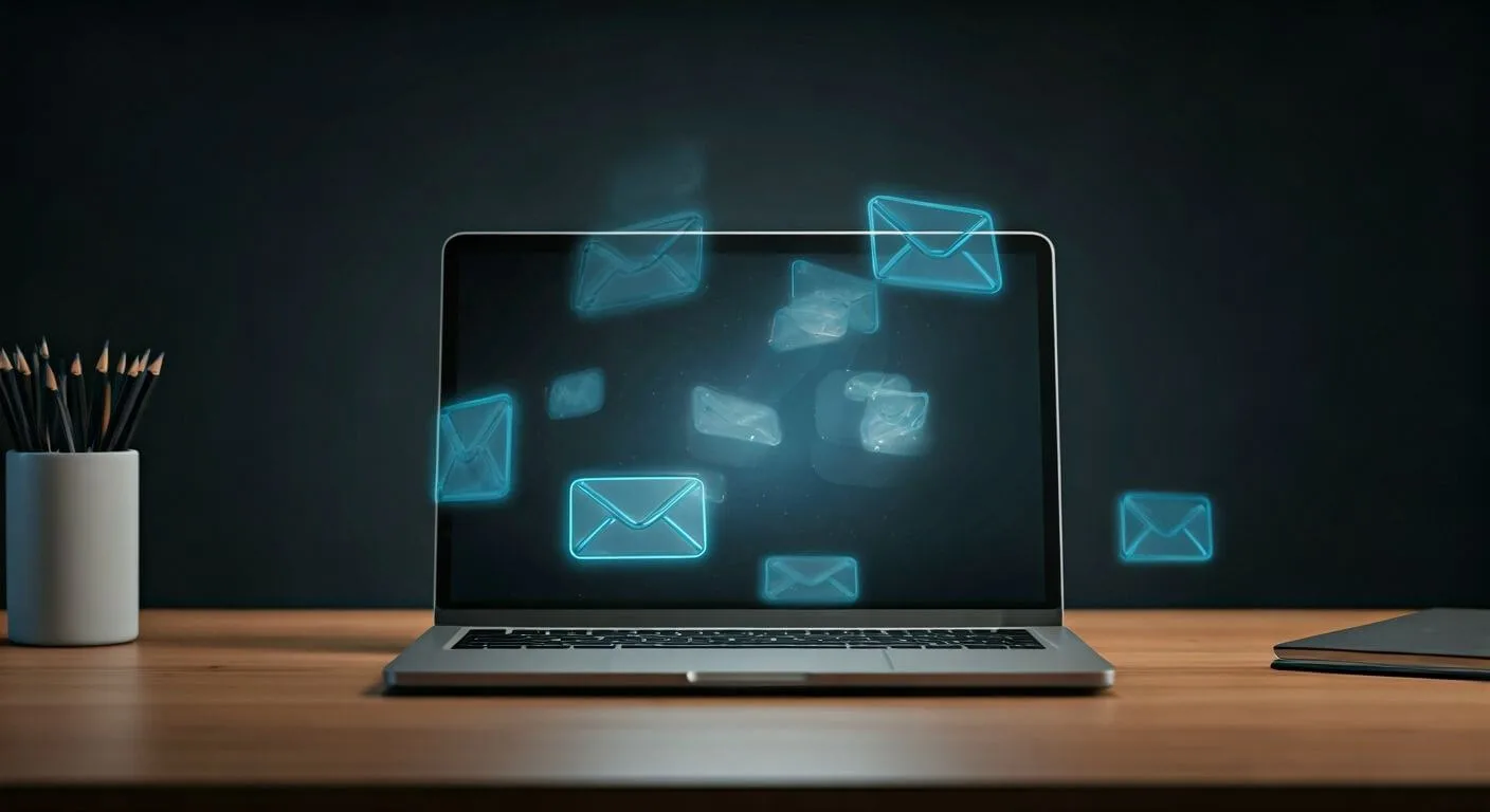 A laptop on a wooden desk shows multiple glowing blue email icons floating around the screen, representing active messaging or email flow. A pencil holder and notebook are nearby, emphasizing a workspace focused on digital communication.