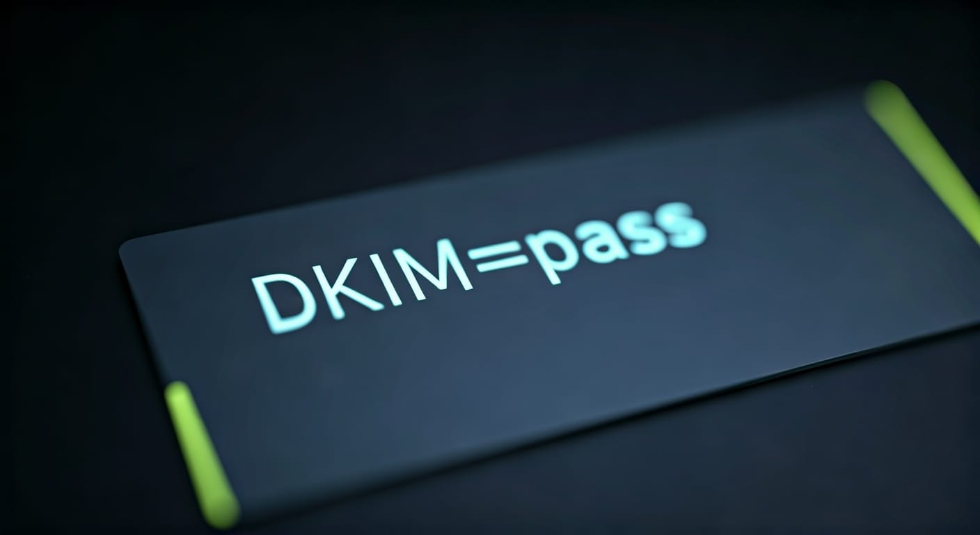 A dark rectangular object, possibly a tablet or card, displays the text "DKIM=pass" in bright teal or light blue letters. The background is black, and there are two small green highlights at the corners of the object, emphasizing the message. This imagery conveys a sense of digital security or authentication.
