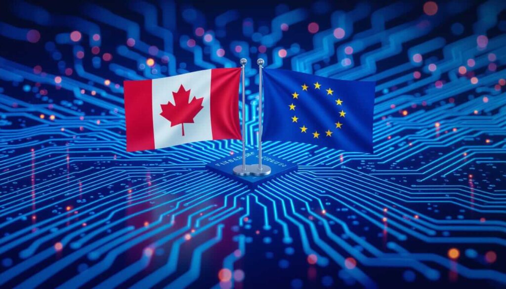Miniature desktop flags of Canada and the European Union standing side-by-side on a silver base, set against a background of glowing blue digital circuit board traces, symbolizing international data privacy cooperation.