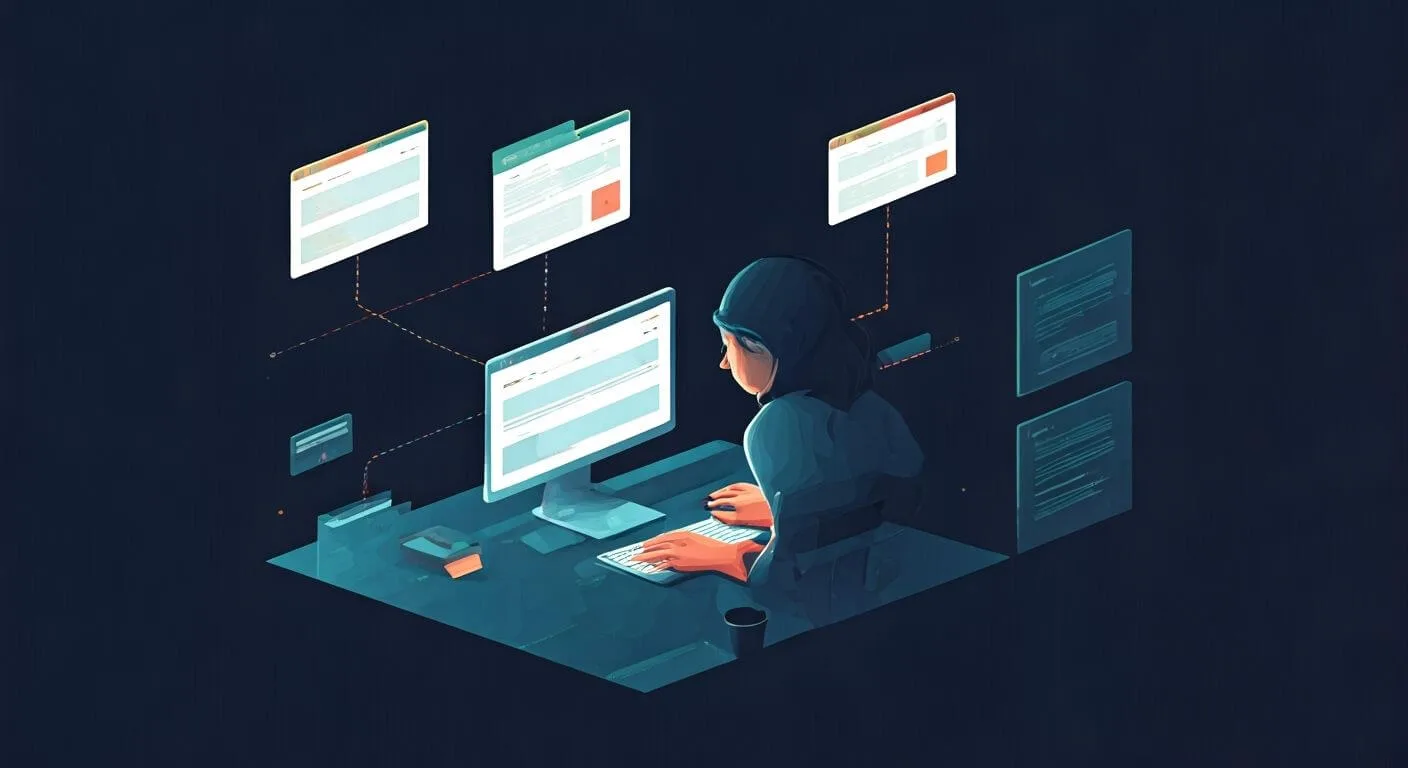 A person is seated at a desk, working on a computer. Multiple screens and documents are displayed around them, connected by dotted lines, illustrating a complex workflow or data flow in a tech-focused environment.
