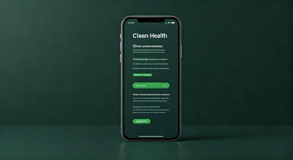 A smartphone displays a "Clean Health" app interface with white text and green buttons on a dark green background, set against a matching dark backdrop.