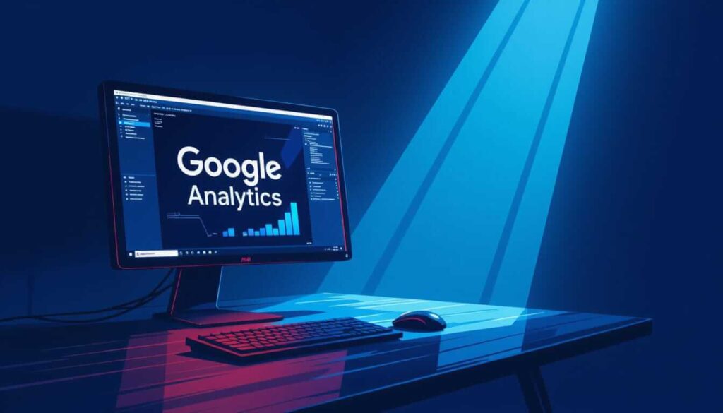 An illustration of a computer monitor in a dark room with one single light in the background, on the screen is google analytics