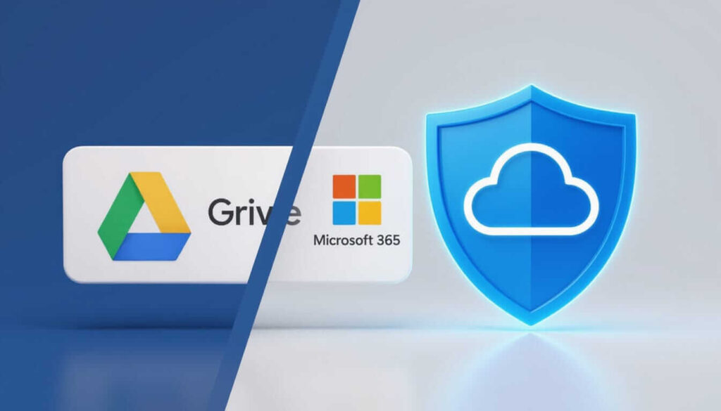 An illustration implying Google Drive, Microsoft 365 logos beside blue shield with cloud, showing secure cloud hosting.