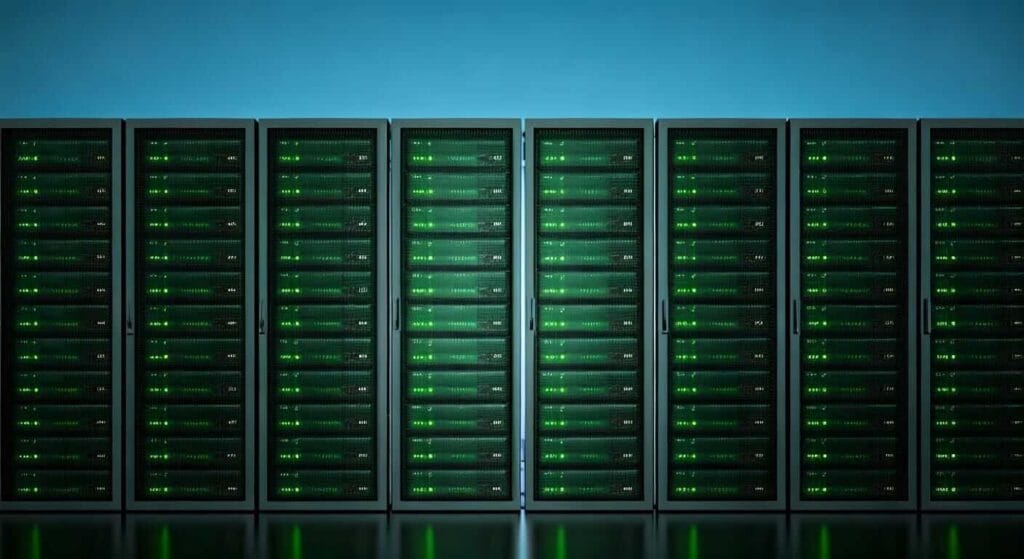 A bank of website hosting servers lit up in green, while the background is an open blue sky