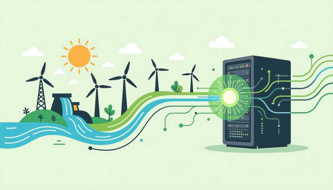 An illustration shows renewable energy sources (wind turbines, a hydro dam, and the sun) powering a server. A flowing river of green and blue lines connects the natural elements to the web hosting data center symbolizing green hosting.