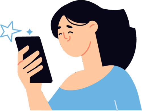 Woman smiling at phone with sparkles, enjoying fast and reliable Tresseo hosting.