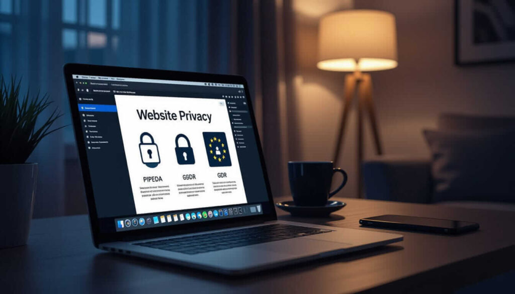 A laptop open on a wooden desk in a dimly lit room, displaying a "Website Privacy" dashboard with icons representing PIPEDA and European data protection regulations, accompanied by a coffee cup and smartphone.