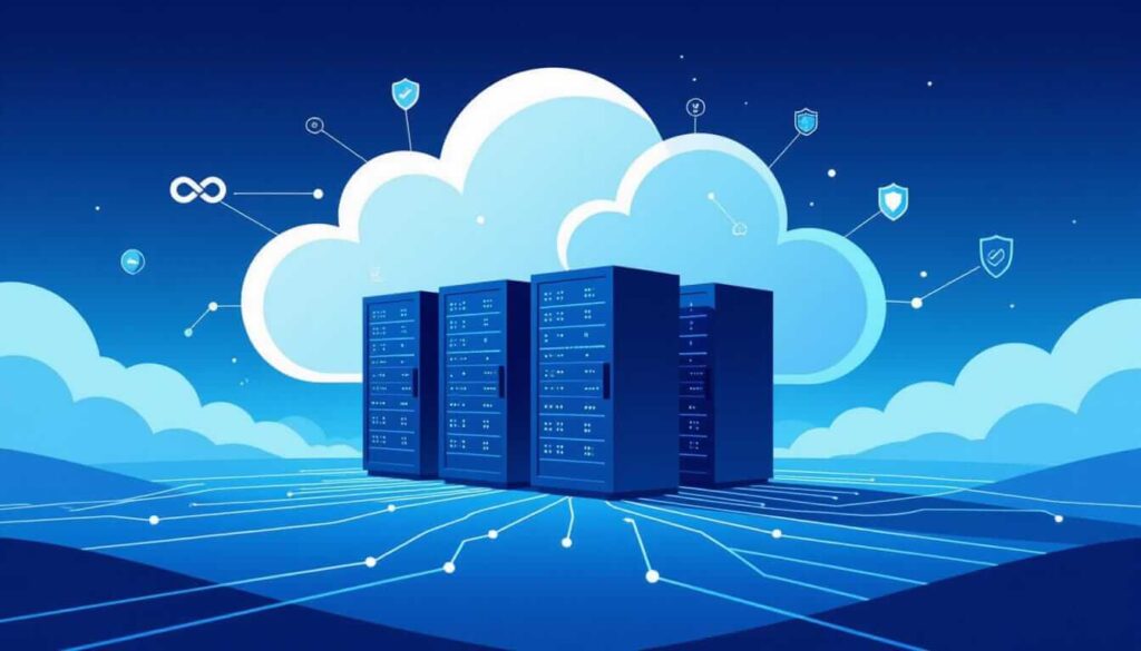 Four blue server racks stand under a large white cloud, connected by circuit lines to shield icons, symbolizing secure cloud infrastructure.