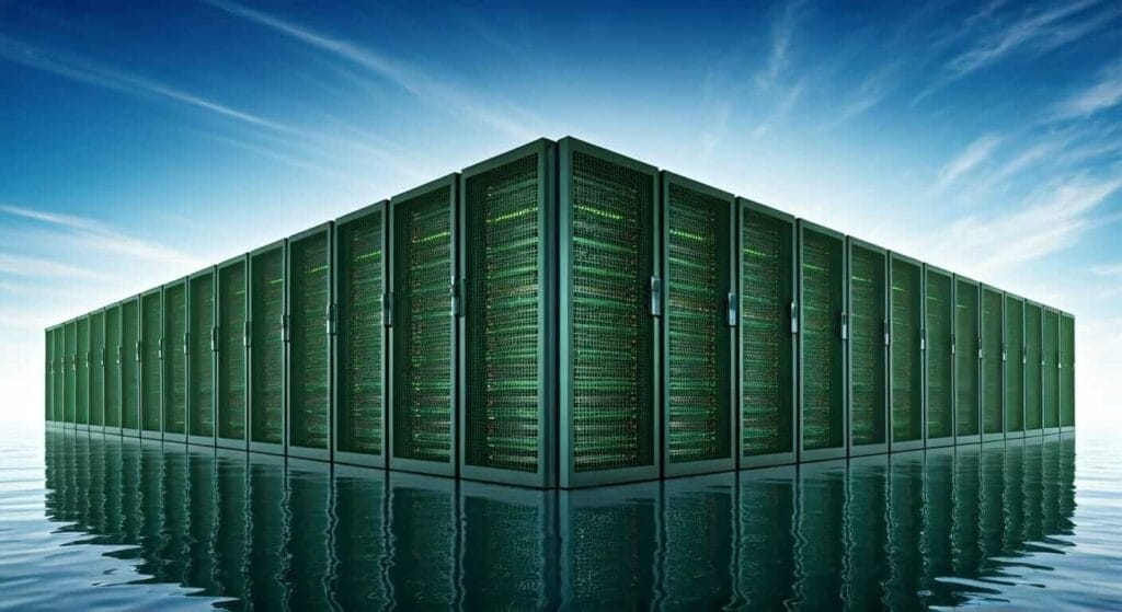 A block of webhosting server racks standing together shining in the blue sky above, and flowing water at base