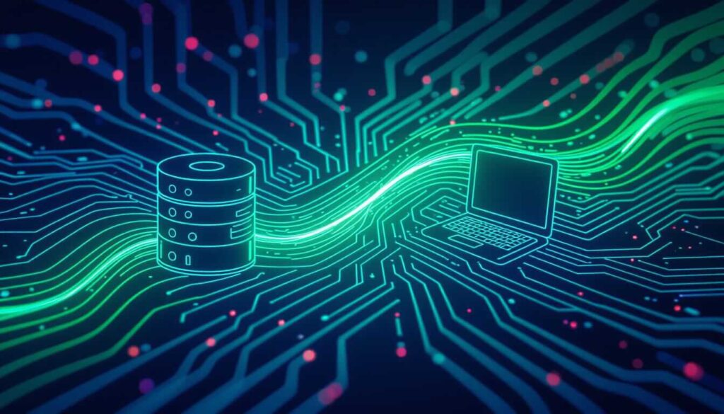 Database server cylinder icon linked to a laptop computer through dynamic circuit board traces in vibrant cyan and green, with scattered pink and red data points throughout the flowing pathways on a dark blue background, representing database connectivity and cloud computing infrastructure