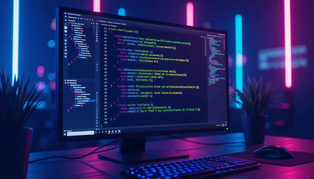 A wide monitor on a modern desk displays a code editor with syntax highlighting, flanked by plants and glowing pink/blue LED lights in a stylish dev environment.
