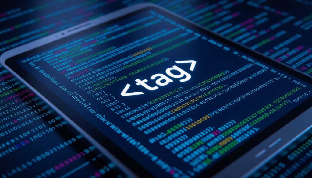 A tablet screen shows the HTML tag symbol “” in white, overlaid on scrolling multicolored code, with additional code visible in the background.