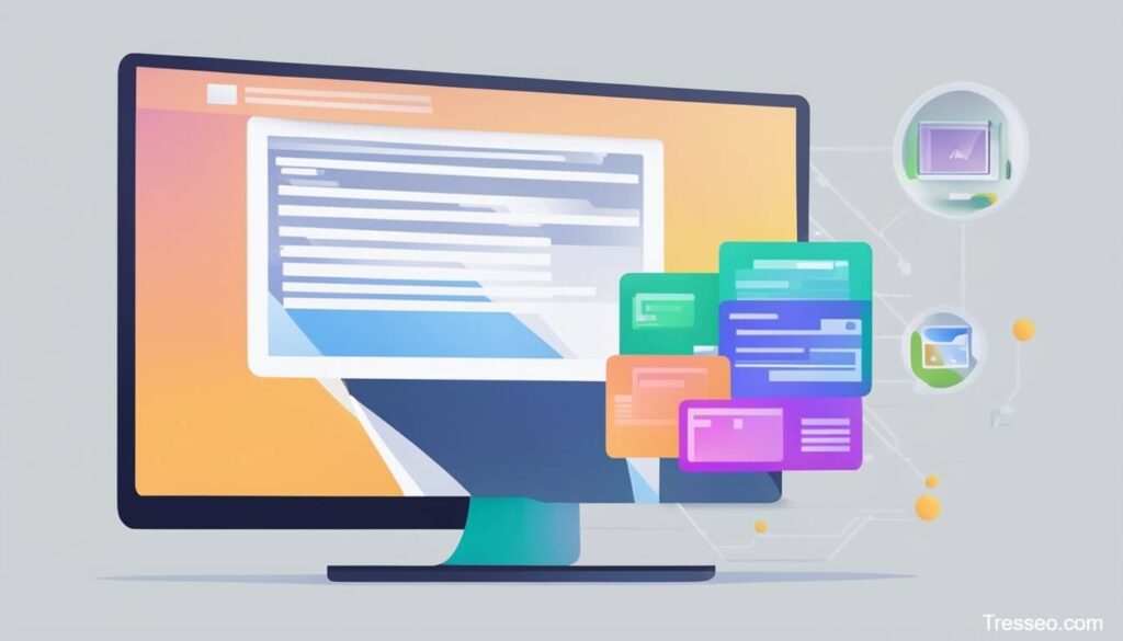 An illustration of a computer screen displaying several popup blocks and tags over a website, depicting an image tag with a well-written alt attribute, on the right are two floating icons depicting file information sharing