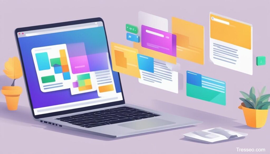 An illustration of a laptop with floating images and icons depicting FTP transmit and image optimization