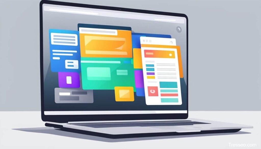 An illustration of a laptop on a platform showing a website with many colourful boxes depicting websites and popups displaying image alt attributes