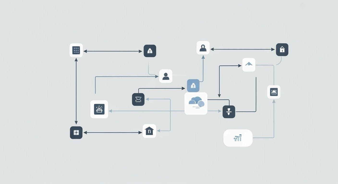 Flowchart illustrating a process with interconnected web pages representing link equity and internal linking strategies.