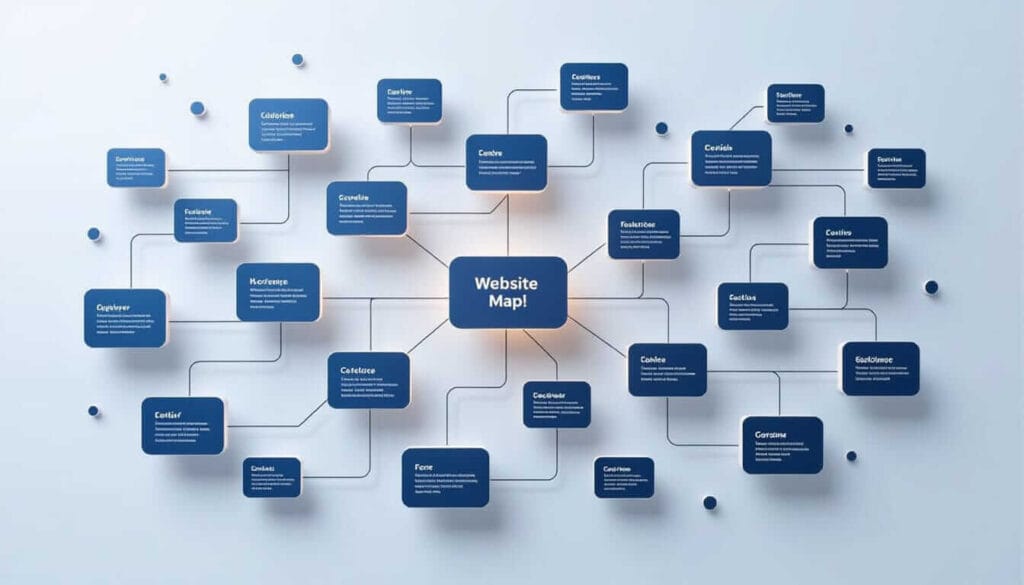 A visual site map with “Website Map!” at the center, connected to multiple blue nodes representing pages or sections — illustrating site structure and navigation flow.