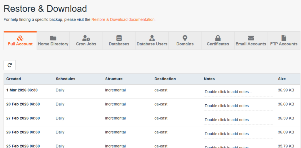 Screenshot of a "Restore & Download" interface with the "Full Account" tab active. A table displays daily incremental backups created from late February to March 1, 2026, stored in the "ca-east" destination,