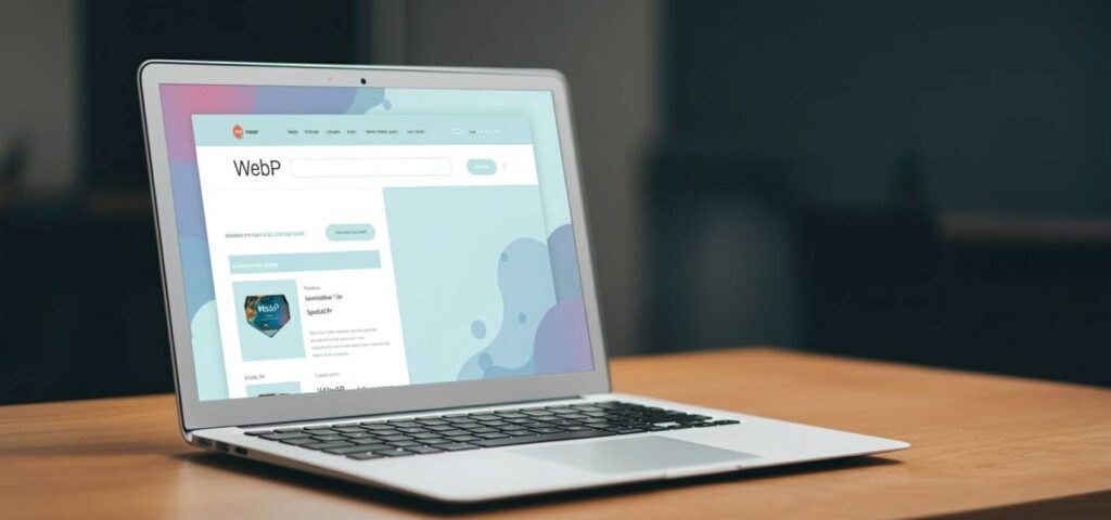 A laptop screen displays a WebP image on a website