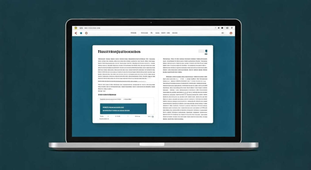 A laptop screen displays a webpage with a dark blue background and white text.