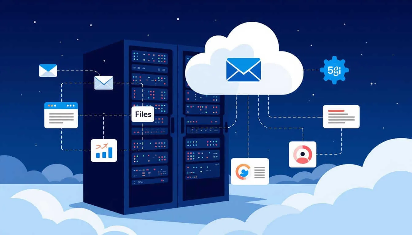 A server rack connected to a cloud with various digital icons—emails, files, charts, and a 5G symbol—illustrating data storage, communication, and cloud computing in a night sky setting.