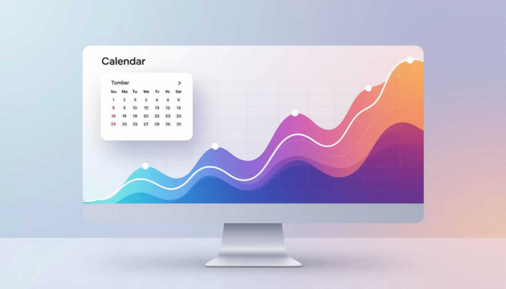 Computer monitor displaying a calendar interface with a colorful wave graph in blue, purple, pink, and orange tones, showing upward data trends against a soft gradient background.