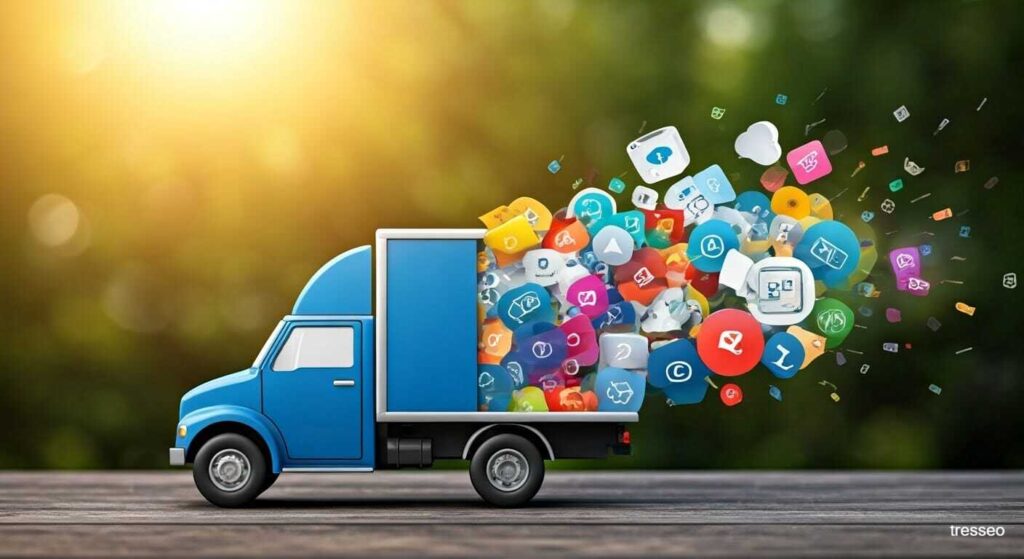 A blue toy truck is shown on a wooden surface. It's filled with colorful, floating icons. There are trees blurred in the background and a bright light at the top