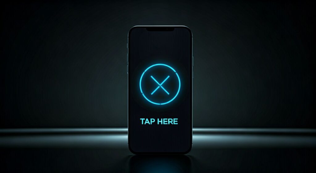 A phone in a dark room shows a glowing blue "X" icon inside a circle with the text "TAP HERE" below it, indicating an interactive button or action. Copy Ask Explain Translate(en-US)