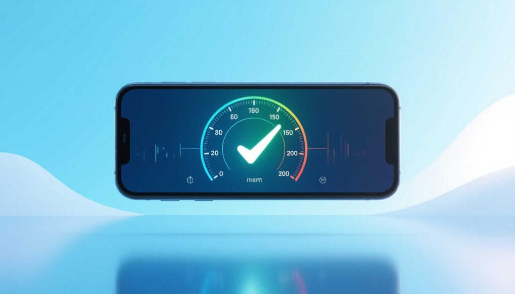 A smartphone displays a speedometer-style gauge with a checkmark, indicating optimal performance or network speed, set against a soft blue background with abstract wave shapes.