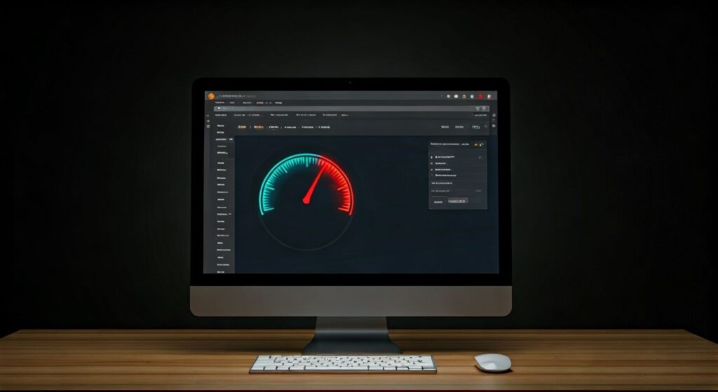 An iMac on a wooden desk shows a dark-themed analytics dashboard with a circular gauge transitioning from green to red, indicating system performance or load.
