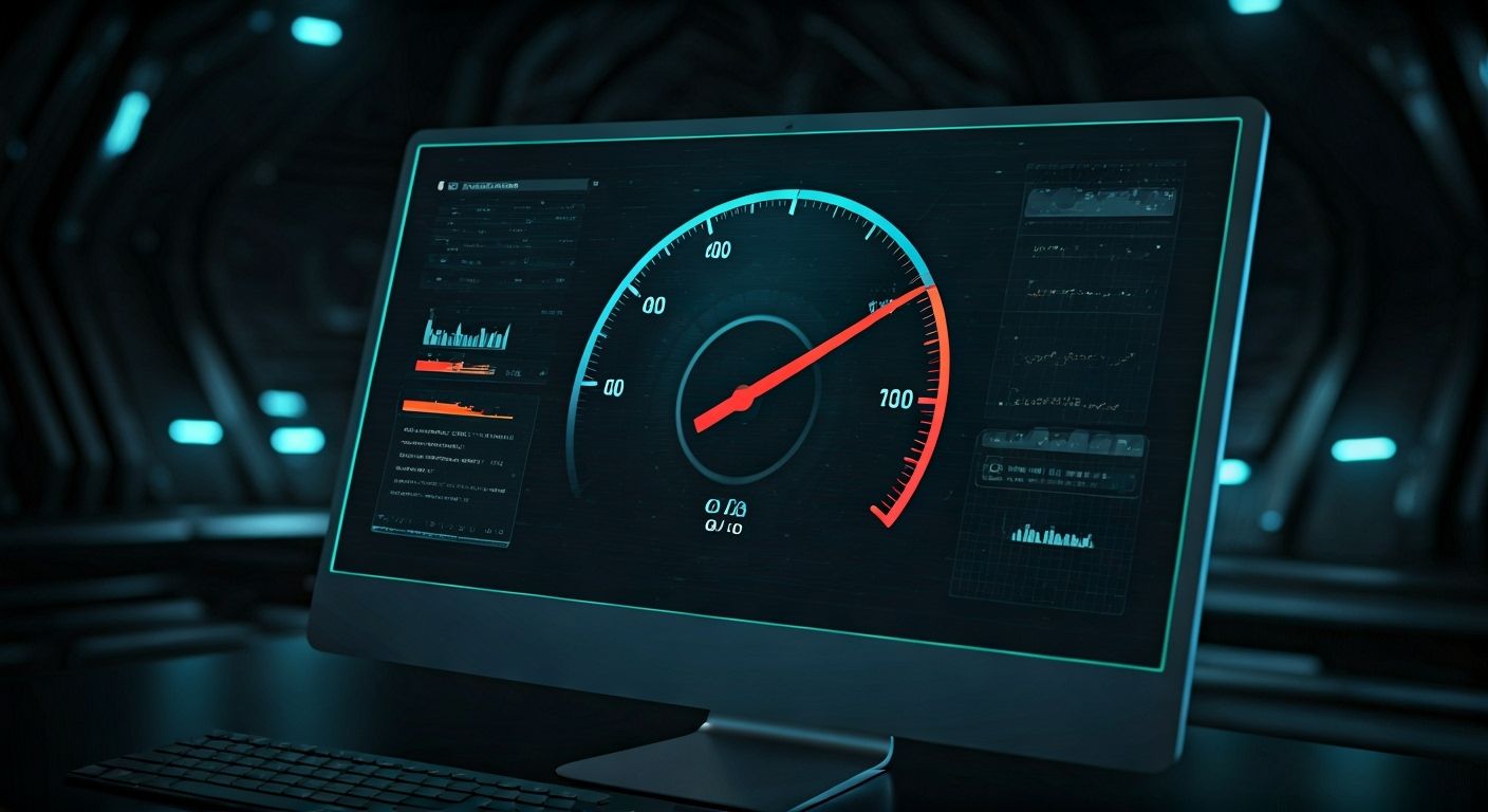 A futuristic monitor in a dark, high-tech room displays a glowing performance dashboard with a speedometer needle pointing near 100, surrounded by data graphs.