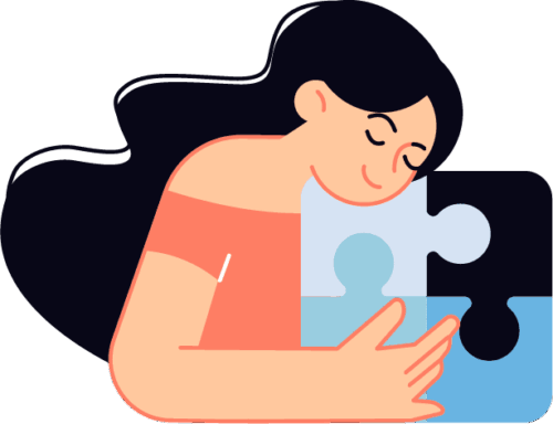 Woman smiling while placing a puzzle piece into a larger puzzle, symbolizing website hosting solutions.