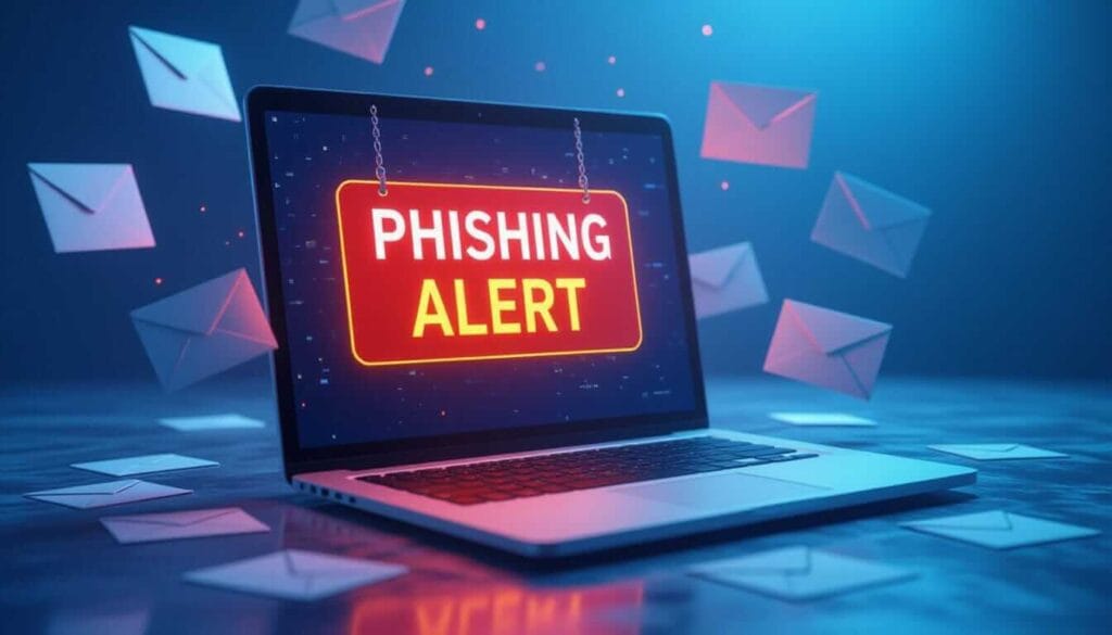 A laptop screen displays a glowing “PHISHING ALERT” sign amid floating envelopes, warning users about fraudulent emails designed to steal sensitive information.