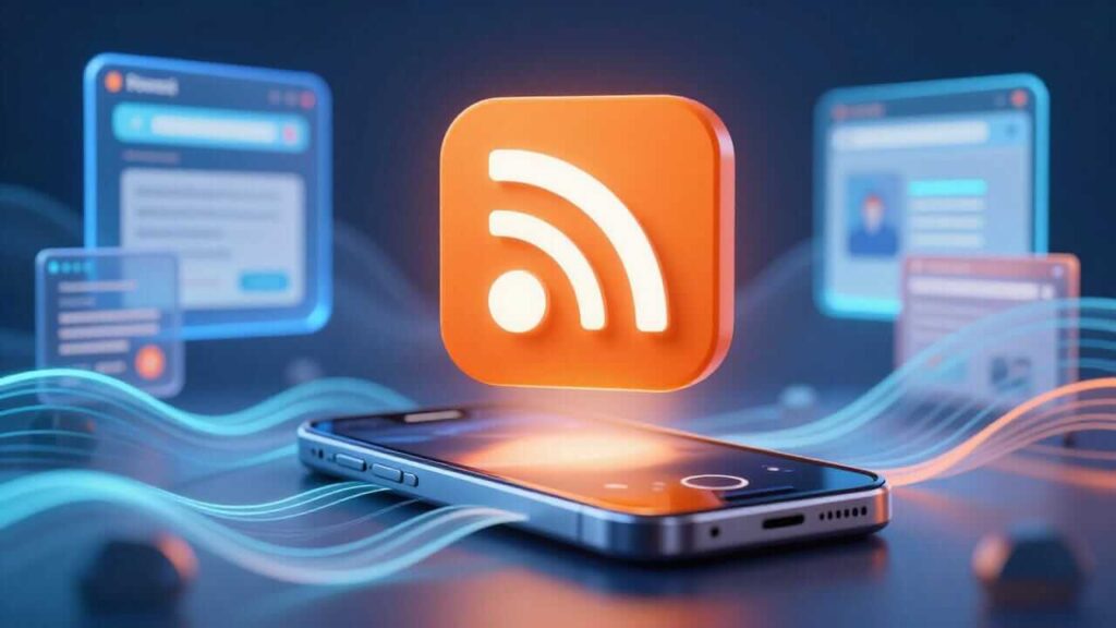 A smartphone lies beneath a prominent orange RSS icon, with glowing data streams and blurred app/web interfaces in the background—highlighting mobile RSS feed access.