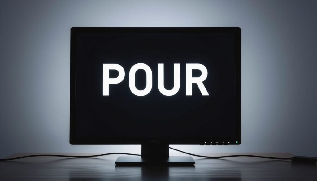 A black computer in a dark room, only the word "POUR" appears on the screen in white.