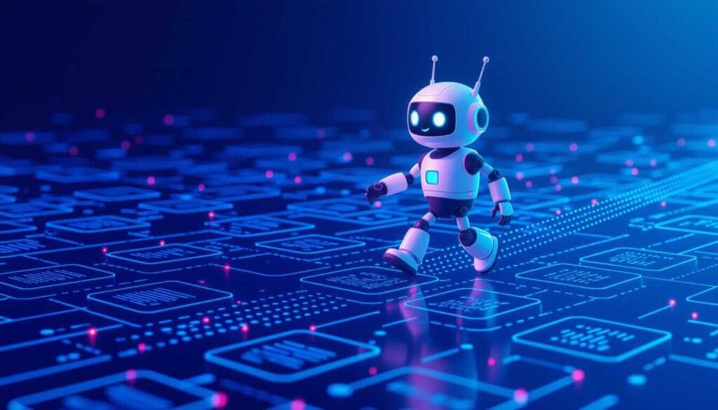A friendly robot walks across a glowing digital grid of data blocks, symbolizing AI navigating or organizing information in a futuristic tech environment.