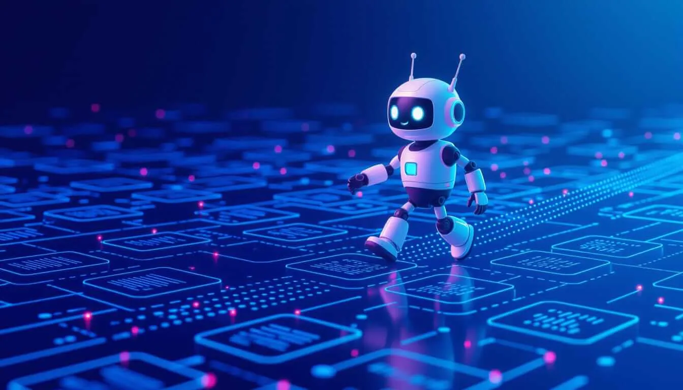A friendly robot walks across a glowing digital grid of data blocks, symbolizing AI navigating or organizing information in a futuristic tech environment.