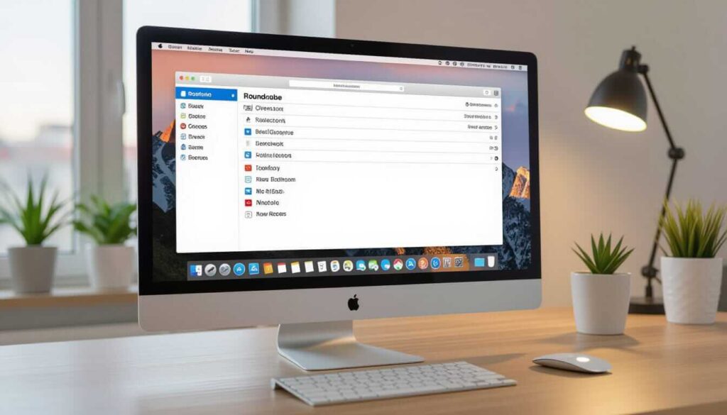 An iMac screen shows the Roundcube email client interface, listing folders like Inbox and Sent, set on a desk with a lamp and plants.