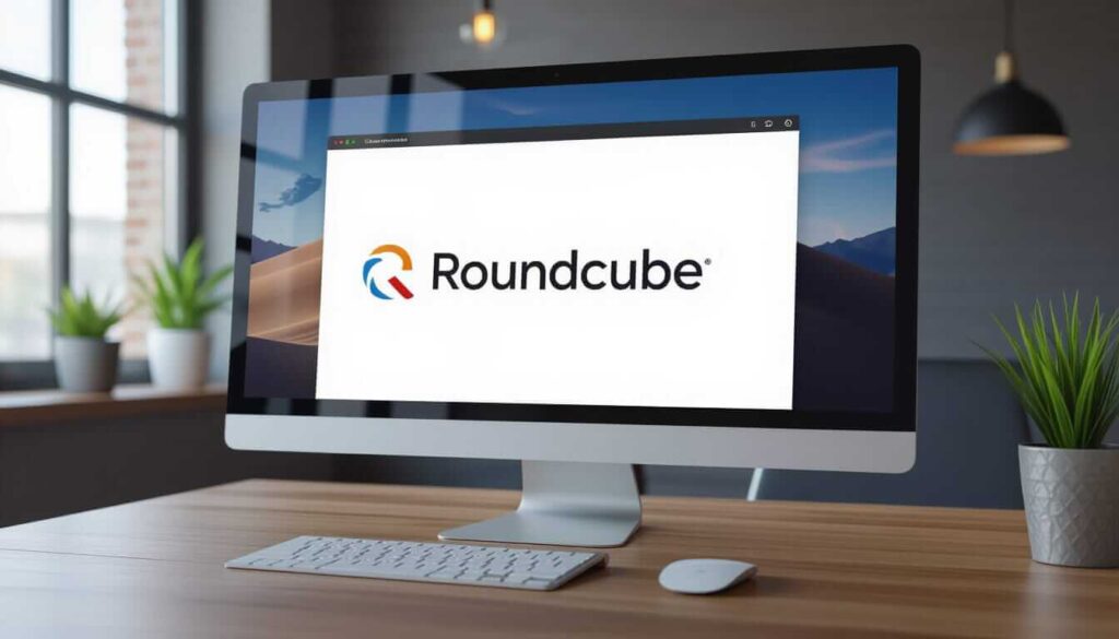 An iMac on a wooden desk displays the Roundcube webmail logo on its screen, with potted plants and a window in the background.