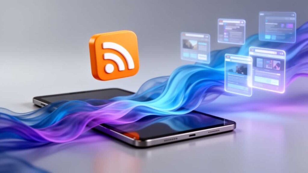 An orange RSS icon floats above two smartphones, with glowing blue-purple waves and translucent web page previews flowing outward—symbolizing content syndication.