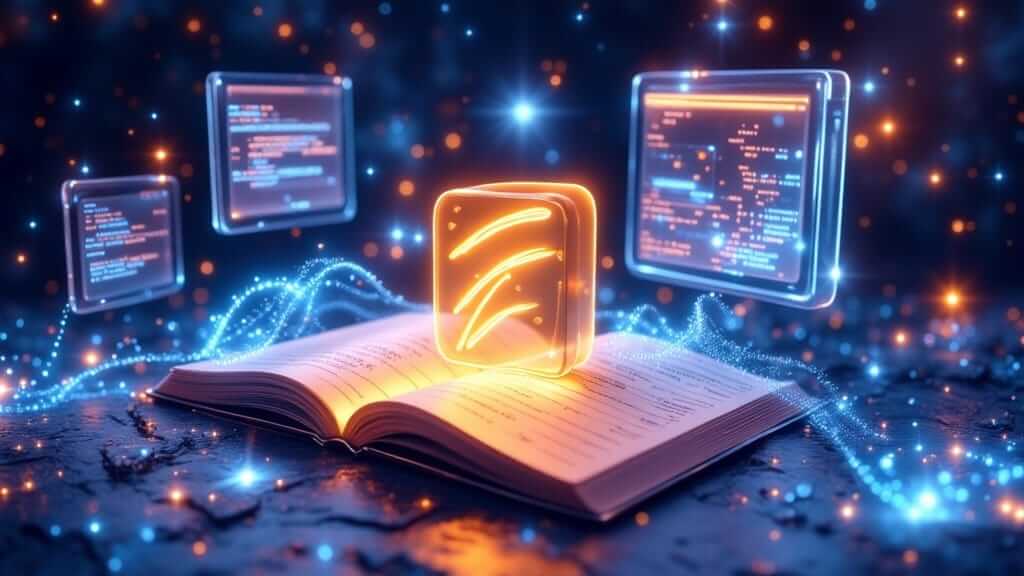 An open book emits light, with a glowing orange RSS-like icon hovering above it; floating code-filled screens and sparkling particles surround the scene, evoking digital knowledge.