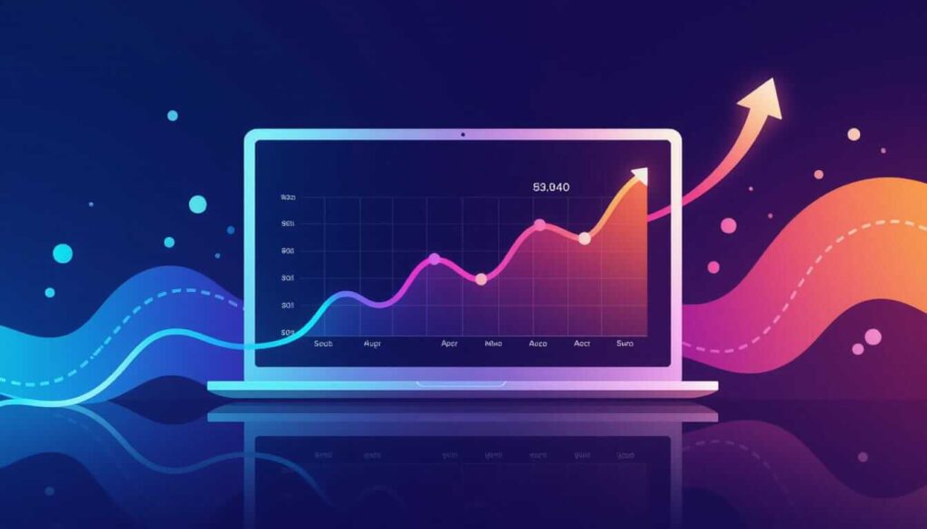 Laptop screen showing a line graph tracking progress across months with a rising pink trend line. An orange arrow emphasizes upward movement against a dark purple backdrop with soft wave graphics.